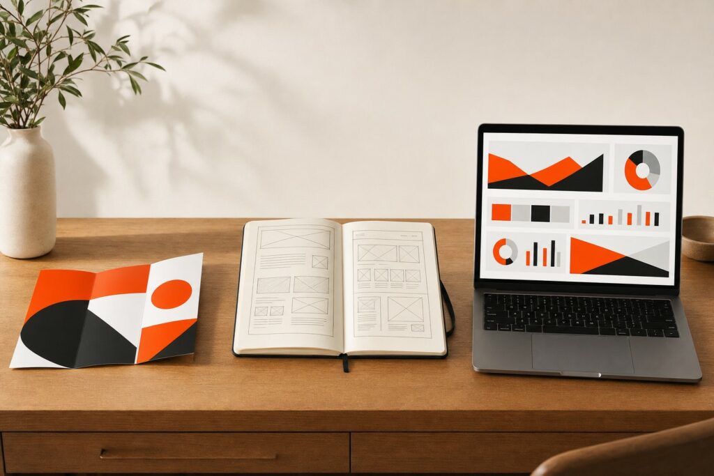 A printed brochure, a sketchbook of website wireframes and a laptop showing a dashboard on a desk, in HyperWeb orange and black, representing the three tiers of website a small business can buy.