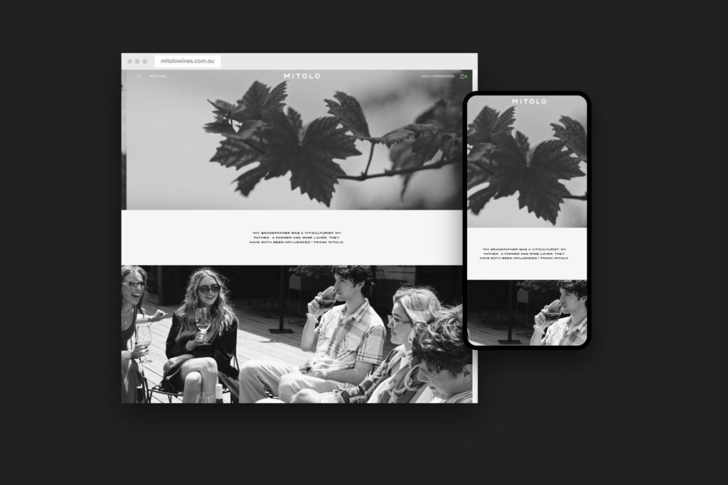 The Mitolo Wines website shown on desktop and mobile, built by HyperWeb on Commerce7 with a WordPress front end.