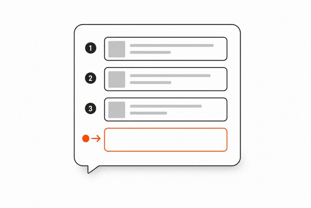 An AI answer listing three competitor businesses as a ranked shortlist, with an empty orange slot where your business should be, illustrating why AI search names competitors and not you.