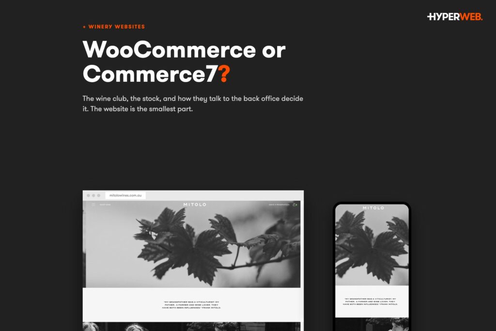 The Mitolo Wines website shown on desktop and mobile, from HyperWeb's comparison of WooCommerce and Commerce7 for winery websites.