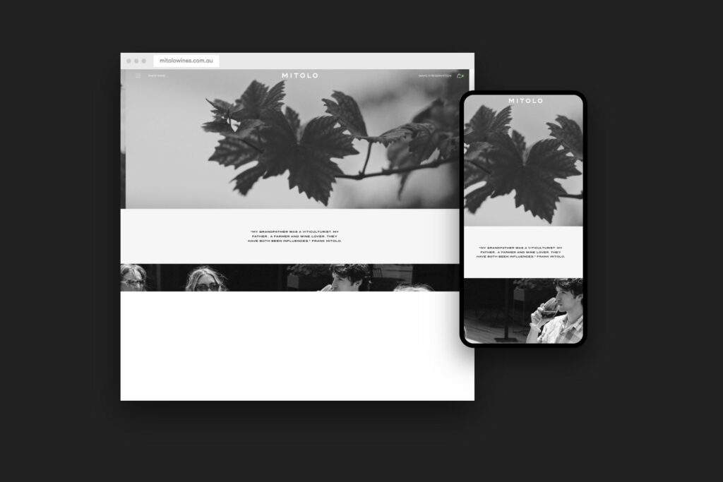 The Mitolo Wines website shown on desktop and mobile, built by HyperWeb on Commerce7 with a WordPress front end.